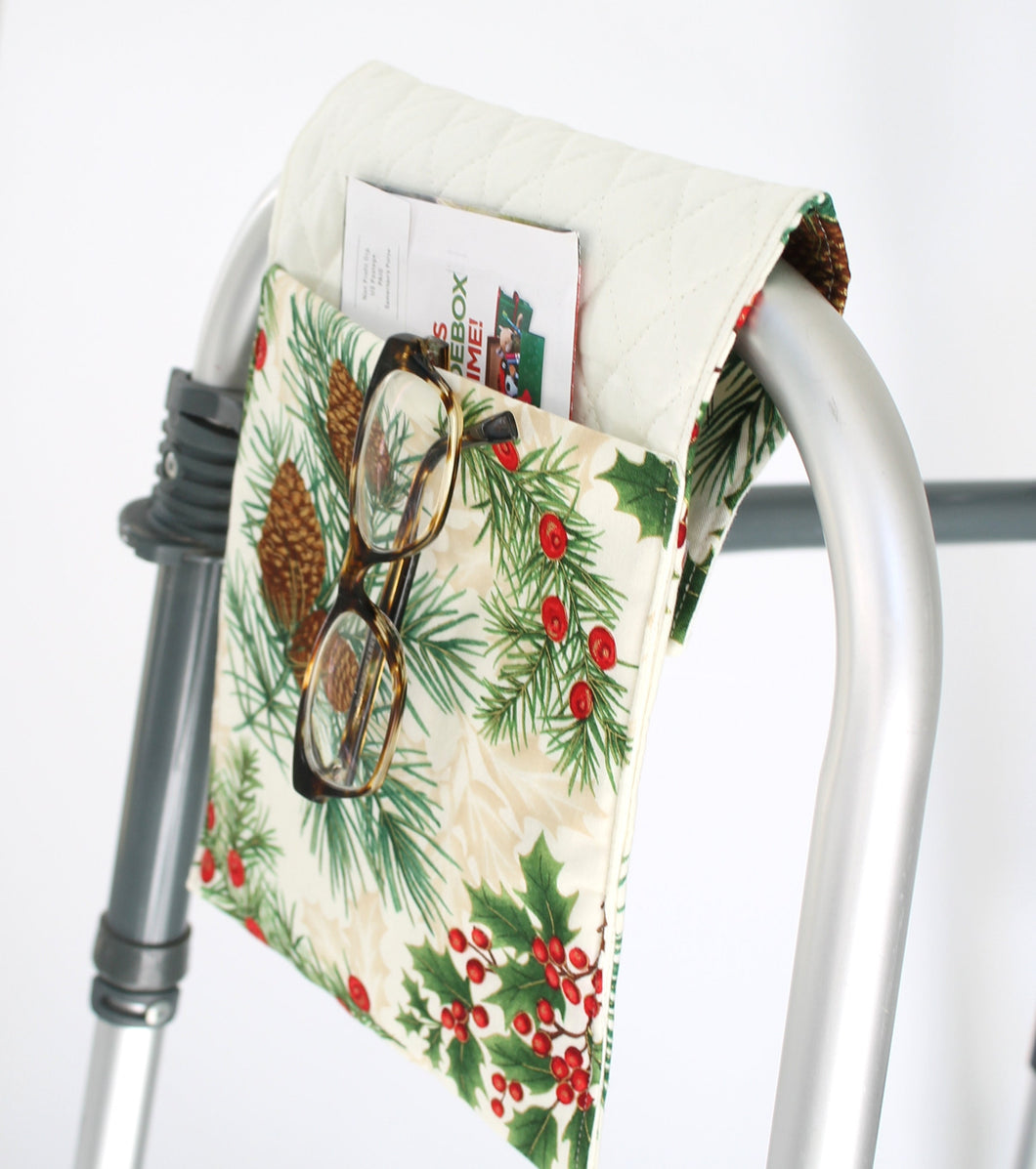 small holiday walker bag, Christmas walker bag, stylish small walker tote, Christmas gift for mom, small rollator bag, armrest bag