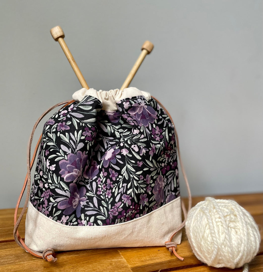 Purple floral knitting project bag