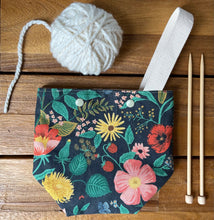 Load image into Gallery viewer, Black floral Rifle Paper co yarn ball bag with handle for knitters
